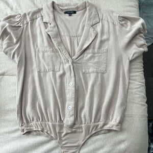 Tan Short-Sleeve Button Bodysuit Top